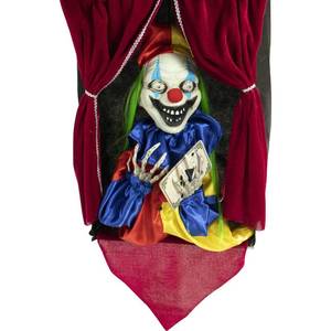lot 60741 image: Haunted Hill Farm Scary Talking Clown Hanging Prop with Motion and Touch Activated Lights and Sound, Battery-Operated Indoor or Covered Outdoor Halloween Decoration - Retail $50