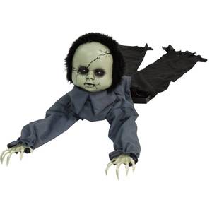 lot 60743 image: Haunted Hill Farm Scary Haunted Crawling Baby Doll, Halloween Animatronic with Touch Activated Lights and Sound, Battery Operated Indoor or Covered Outdoor Halloween Decorations, Creepy Halloween Prop - Retail $50