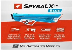 lot 64683 image: SPYRA SpyraLX Battery-Free PressureTech Water Blaster, 30 Ft Range, Blue18 Single Bursts per Fill, Manual Pump Refill, Tank Indicator, Dip and Pump to Reload, ABS Build - Retail $72