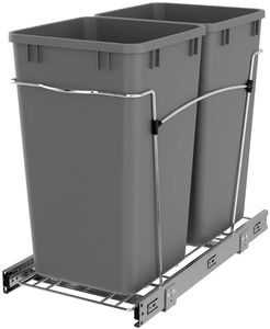 lot 64689 image: Rev-A-Shelf Double Pullout Garbage Trash Cans for Kitchen Cabinets, 27 Qt - Retail $98