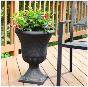 lot 64697 image: Winston Urn Planter with Removable Base, Matte Black, 21 in, Pedestal Shape with Wide Bowl, BASE CRACKED. - Retail $39