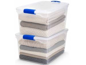lot 64698 image: HOMZ Clear Plastic Storage Bins wLatching Lid, 66 Qt, Blue Latch, 2 Pack - Retail $60