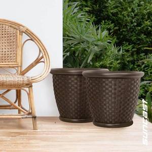 lot 64699 image: Suncast Sonora 22 Inch Resin Wicker Decorative Garden Flower Planter  Brown - Retail $64