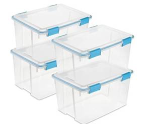 lot 64708 image: Sterilite Gasket Storage Box with Lids, 54 Quart, 4-Pack, 3 of 4 Lids damaged bit does not affect locking mechanism. - Retail $67