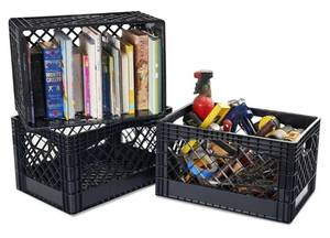 lot 64711 image: Stackable Milk Crates, 3 Pack, Kitchen Work Commercial Garage Totes, 24 Quart, Heavy Duty Plastic, Interior 18 x 12 Inch, 10.6 Tall. - Retail $70