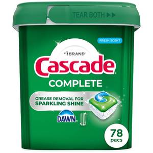 lot 64714 image: Cascade Complete Dishwasher Pods - Fresh Scent ActionPacs, Dishwasher Detergent, Dishwasher Soap, Detergent Pods, 78 Count - Retail $20
