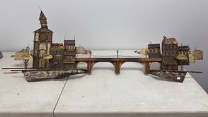 lot 8 image: Metal Cityscape Wall Art Sculpture w Clock Tower, Bridge & Buildings