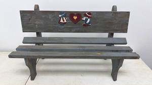 lot 13 image: Wooden Bench with Decorative Heart and Figure Cutout Backrest