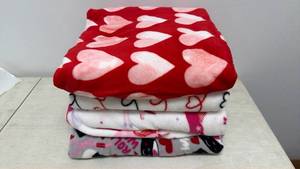 lot 24 image: 4-Piece Fleece Blankets Lot Red Pink White Heart Patterns
