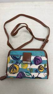 lot 62 image: Small Crossbody Bag with Floral Print and Brown Leather Trim