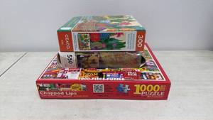 lot 97 image: Lot of 3 Puzzles White Mountain Chapped Lips 1000pc, Ceaco Succulents 300pc, Steve Roberts Mystical Shimmer 550pc