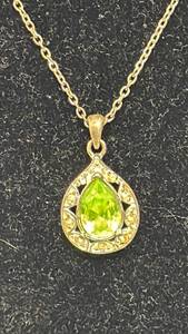 lot 111 image: Gold-Tone Chain Necklace with Green Teardrop Pendant