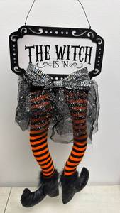 lot 160 image: Hanging Reversible Witch Leg Door Sign The Witch Is In & Welcome (Black & Orange)