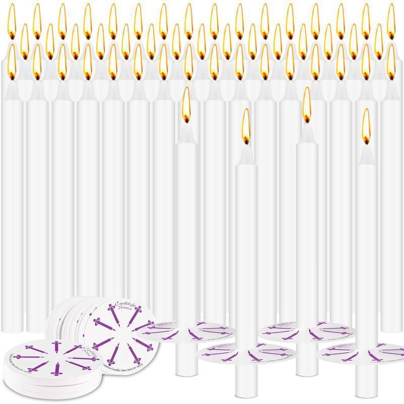 lot 73621 image: 100 Pack 5 Inch White Taper Candles with Drip Protectors, Unscented Bulk Christmas Advent Church Candles for Spell Ritual, Prayer Altar Decor, Wicca Shabbat, Meditation Vigil Candle Holders - Retail $16