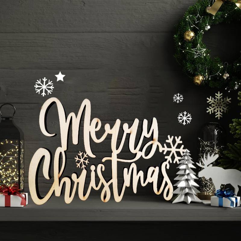 lot 73681 image: Wooden Merry Christmas Sign,Merry Christmas Table Sign Centerpiece,Decorative Holiday Wall Art with Cutout Snowflake Design,3D Freestanding Table Decor Theme Mantels Decor - Retail $13