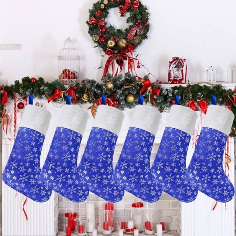 lot 73639 image: Christmas Large Stockings, 6pcs 18 Inches Tall Glitter Silver Snowflake Blue Print with Plush Cuff Classic Stocking Decorations for Xmas Festive Gifts Home Fireplace Decor - Retail $17