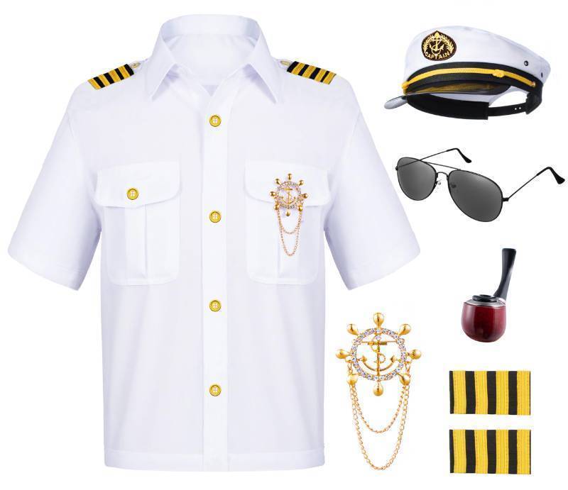 lot 18097 image: Kids Yacht Captain Sailor Costume for Boys Shirt Hat Accessories 6 Pcs Set Party Cosplay 11-12 Years White (missing pieces) stain on hat - Retail $24