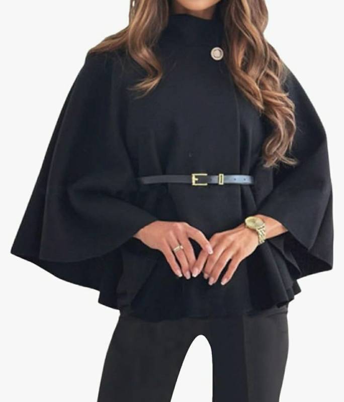 lot 59258 image: Womens Elegant Batwing Oversized Wool Blend Poncho Jacket Belted Winter Wrap Cloak Overcoat. BELT SHOWS SIGNS UF USE. - Retail $40