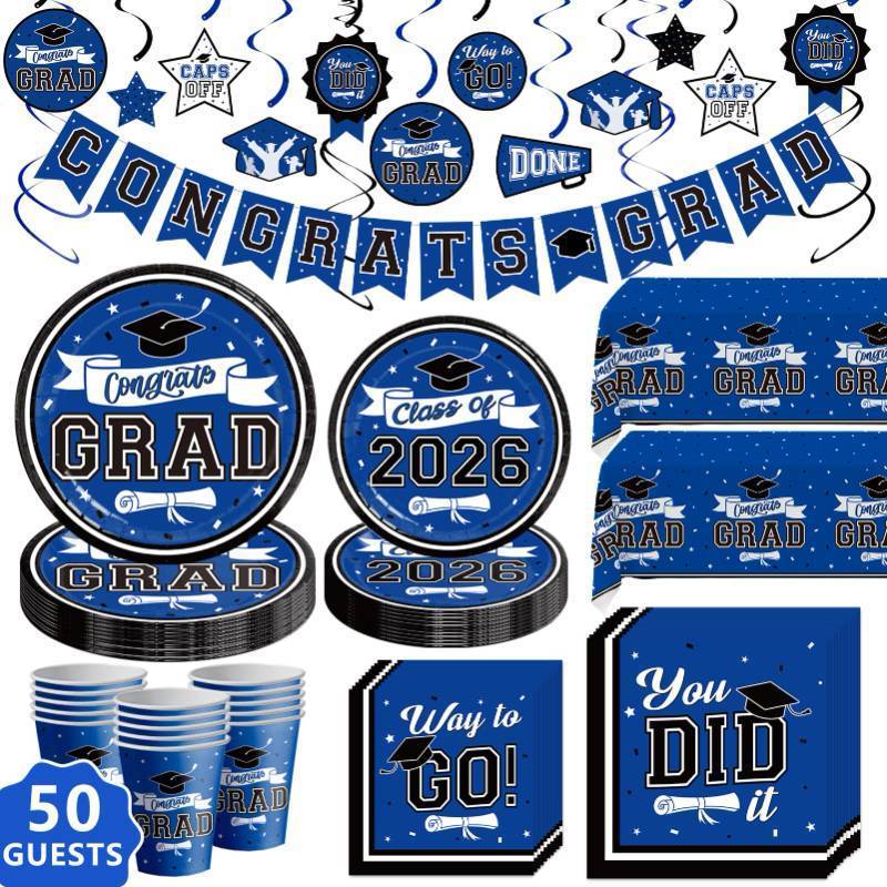 lot 59260 image: Graduation Decorations Blue, Graduation Party Decorations Disposable Tableware Set for 50 Guests, Plates, Cups, Tablecloth with Congrats Grad Hanging Decor. MISSING 2026 SMALL PLATES. - Retail $20