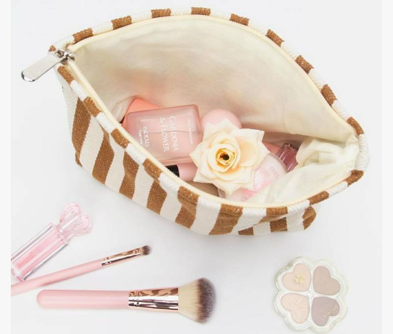 lot 59274 image: Flat Makeup Bag for Women,Zipper Cosmetic Pouch for Purse,Stripe Coffee Canvas-Lined Makeup Organizer - Retail $10