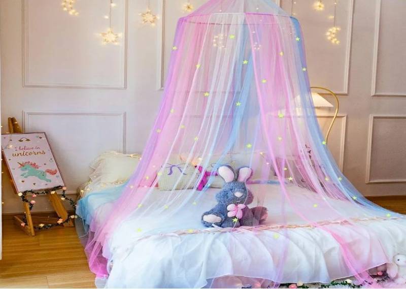 lot 59303 image: Princess Rainbow Bed Canopy for Girls Bed Net,Princess Canopy for Kids Bed Room Decor (Rainbow) (Rainbow-Stars) - Retail $25