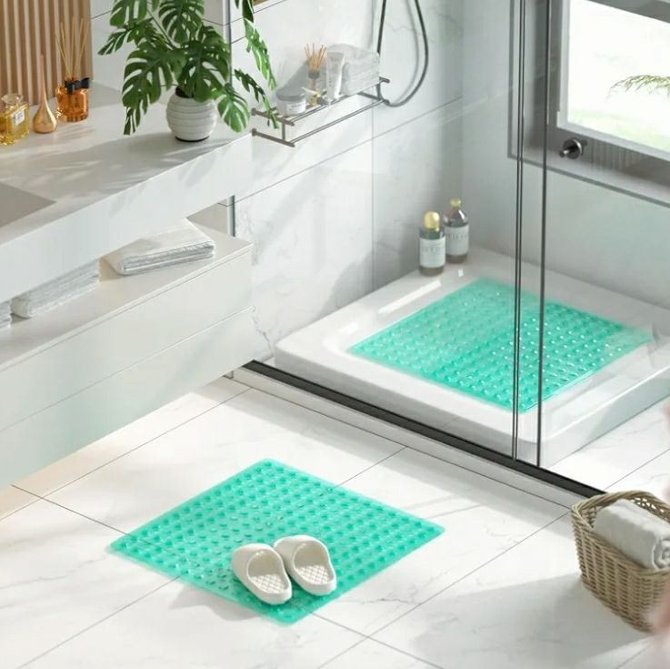 lot 59302 image: Shower Mat Anti Slip, Square Bath Mat for Tub Non Slip with Suction Cups and Drain Holes, 21x21 Inch Bathroom Shower Stall Floor Mat, Machine Washable. - Retail $13
