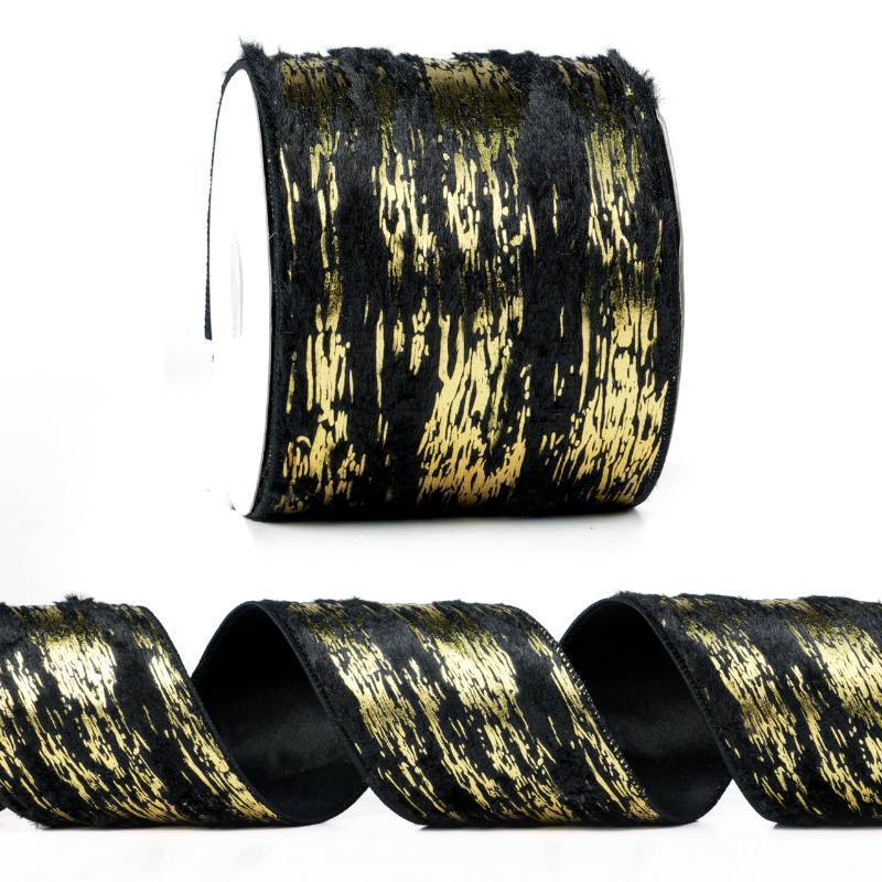 lot 59312 image: Black and Gold Christmas Wired Ribbon, 4 Inch x 10 Yards - Retail $20