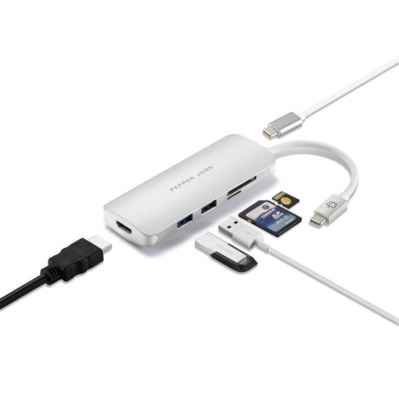 lot 39083 image: USB C Hub, 6 in 1 USB C to HDMI Adapter Hub, 100W PD Port, Ethernet Port, 2 X USB 3.0 Ports, TFSD Port, Docking Station Compatible for MacBook ProAir, Chromebook, Dell XPS, HP and Type C Devices - Retail $30