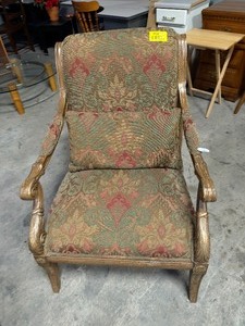 lot 35210 image: Vintage French-style accent armchair, a carved wooden frame, and traditional multicolor floral tapestry upholstery with a matching lumbar