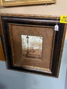 lot 35265 image: Large Framed Sepia Tone Art Vintage Street Lamp & Park Bench