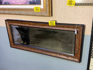lot 35280 image: Hanging sofa mirror with wood-toned frame