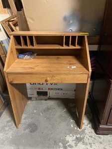lot 35181 image: Light wood secretary desk with an integrated upper organizer shelf and a single drawer