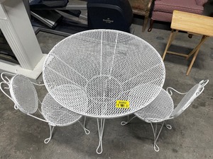 lot 35203 image: White wrought iron table and two chairs