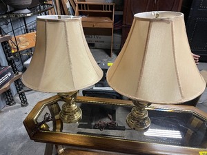 lot 35212 image: Set of two gold base lamps with tan lamp shades