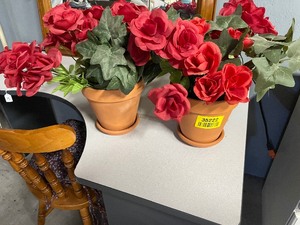 lot 35222 image: Artificial red flower bundles with 2 clay pots