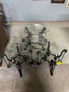 lot 35251 image: Vintage Glass Top Table With Wrought Iron Bases.