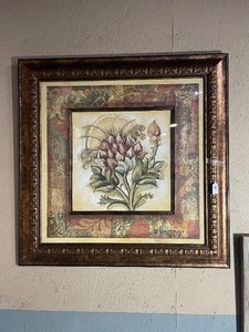 lot 35260 image: Square, Framed Vintage art Print Featuring a Detailed Purple and Green Botanical Flower Illustration set With in a Multi - layered Textured mat and an Gold Toned Wooden Frame.