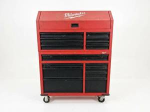 lot 249 image: Milwaukee 46in Steel Storage Chest and Rolling Cabinet Combo, Red