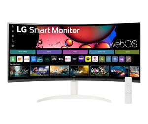 lot 1072 image: (Damage in Corner See Photos)LG 34SR60QC-W 34-inch QHD (3440x1440) CurvedSmart Monitor with Streaming, UltraWide Screen, webOS, HDR10, 100Hz, Built-in Speaker, AirPlay2, Screen Share, Bluetooth, ThinQ App, White damaged sold as is  - Retail $390