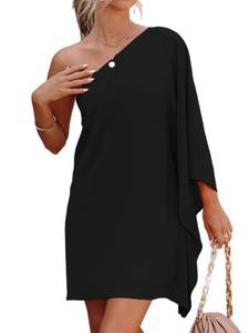 lot 1081 image: Jhsnjnr Womens One Shoulder Sexy Elegant Dress Batwing Sleeve Color Party Mini Black Dress Large - Retail $41