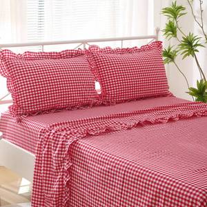 lot 1094 image: K MASANIJI Red White Plaid Gingham Ruffle Sheets King Size 4-Piece Set - Retail $60