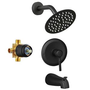 lot 1095 image: Tub Shower Faucet Set Valve Included with 6-Inch Rain Shower Head and Tub Spout Single-Handle Tub and Shower Trim Kit Matte Black - Retail $50