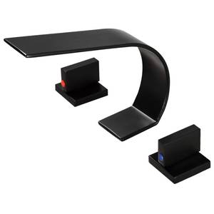 lot 1097 image: May or is Missing Pieces becola Black Bathroom Faucet 3 Hole,Ultrathin Low Arc 8 inch Widespread Bathroom Faucet,Waterfall Bathroom Faucet,2-Handle Modern Vanity Faucet with Hot and Cold Water Supply Hoses - Retail $82