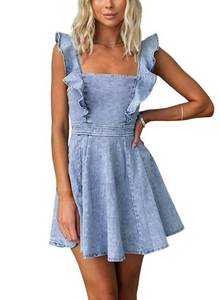 lot 1101 image: utcoco Denim Dress for Women Ruffle Adjustable Strap Sleeveless Backless Babydoll Mini Jean Dresses (XX-Large, Light Blue) - Retail $36