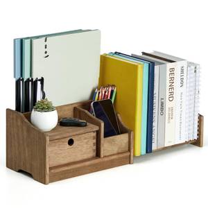lot 1102 image: DAMAGE SEE PHOTOS KIRIGEN Wood Desktop Bookshelf with Drawer, Expandable Desk Shelf, Brown - Retail $45