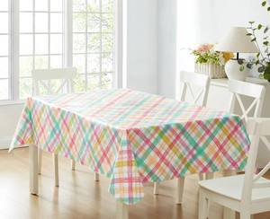 lot 1114 image: Newbridge Simone Pastel Plaid Vinyl Flannel Backed Tablecloth �� 52 x 52 Inch Square �� Wipe Clean IndoorOutdoor Vinyl Table Cover with Flannel Backing, Cottage-Style Pastel Plaid - Retail $19