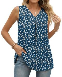 lot 1144 image: Anyally Plus Size Womens Summer Sleeveless Chiffon Tunic Tank Tops Dressy Casual Blouse Loose V Neck Work Shirts, 3XL Blue White Daisy - Retail $17