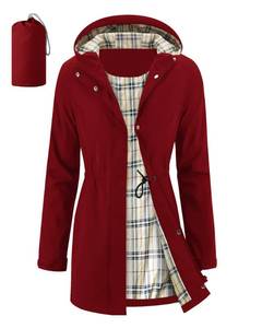 lot 1145 image: iCreek Womens Long Rain Jacket Waterproof Packable Hooded Windbreaker (Red, L) - Retail $43
