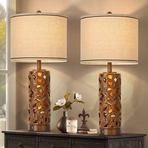 lot 1170 image: AIDENOEY Set of 2 Farmhouse Table Lamps with 2 USB Charging Ports, Vintage Carved Bedside Lamps with Smart Dimmable Bulbs, Rustic Nightstand Lamps for Bedroom Living Room Home Decor - Retail $50