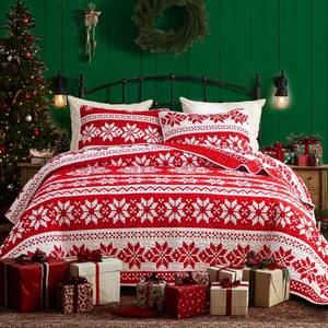 lot 1184 image: Tititada Christmas Quilt Bedspread Set Queen Size, White Snoflake Striped Printed on Red Soft Microfiber Holiday Lightweight Coverlet Bedding Set with Pillow Shams - Retail $19